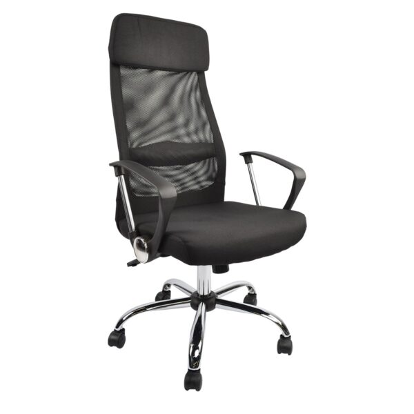 Fotoliu Birou F-65 Black Descoperiți fotoliul de birou F-65 Black, o alegere modernă și practică. Cu tapițerie din pânză și plasă, oferă confort și ventilație optimă. Designul său cu bază metal cromat asigură stabilitate, fiind ideal pentru orice spațiu de lucru. Susține până la 120 kg!