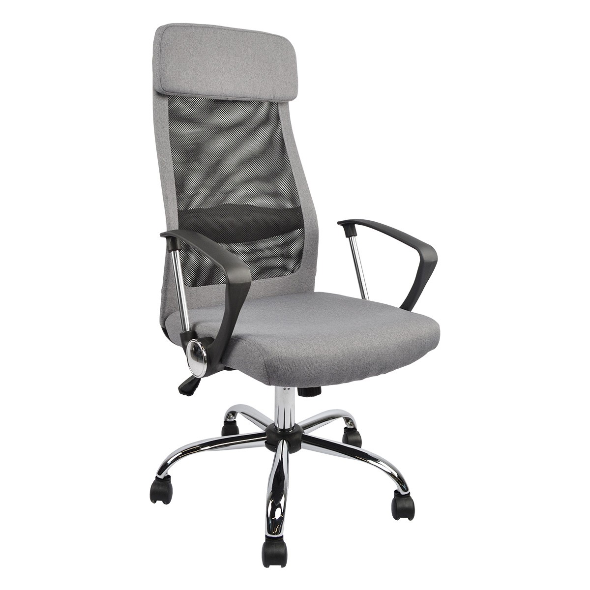 Office Armchair F-65 Grey Discover the F-65 Grey office chair, a modern and practical choice for workspaces. It offers optimal comfort, excellent ventilation, and an elegant design, perfect for the office. It supports up to 120 kg, with a chromed metal base for stability.