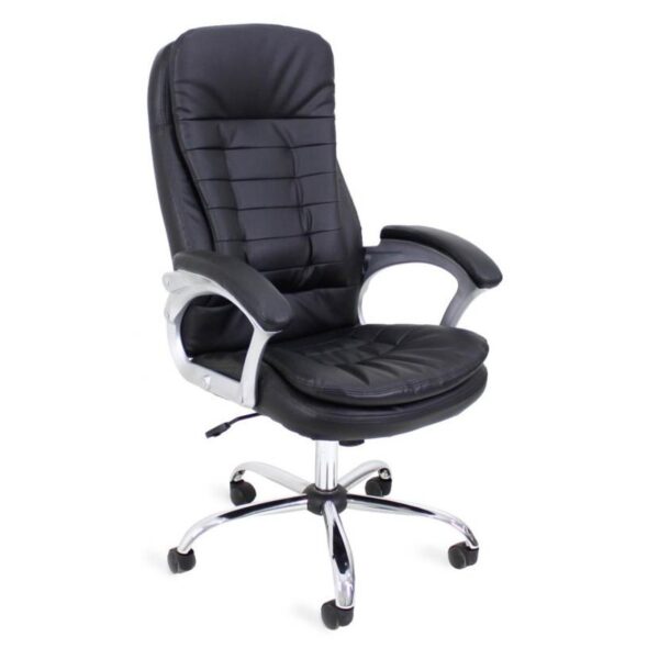 Office Armchair BX-0025 Black Choose the BX-0025 Black office chair for an elegant and comfortable workspace. Featuring upholstery made from leather-like material, a chrome metal base, and a Tilt mechanism for adjustment, it is ideal for any office. It supports up to 120 kg!