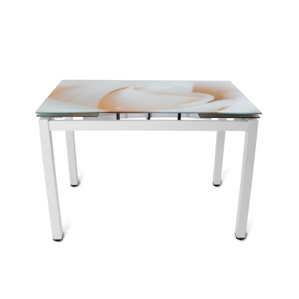 Extendable Table ET-01 Rosa 110/170×70 Discover the ET-01 Rosa extendable table, perfect for your kitchen! With dimensions of 110/170x70 cm, this modern model made of tempered glass and a metal frame offers easy-to-use extension options, adapting to your needs. Ideal for any occasion!