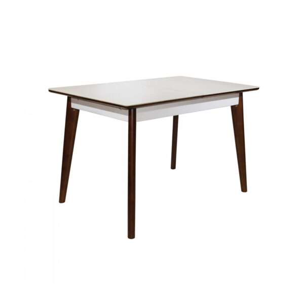 Extendable Table MG-A05 White Glass + Brown Legs 120/150×75 Discover the MG-A05 extendable table, featuring a white glass top and brown wooden legs, perfect for the kitchen! Adaptable for 4-6 people, this table combines elegance with functionality, boasting an easy-to-use extension mechanism. Modern furniture for any home!