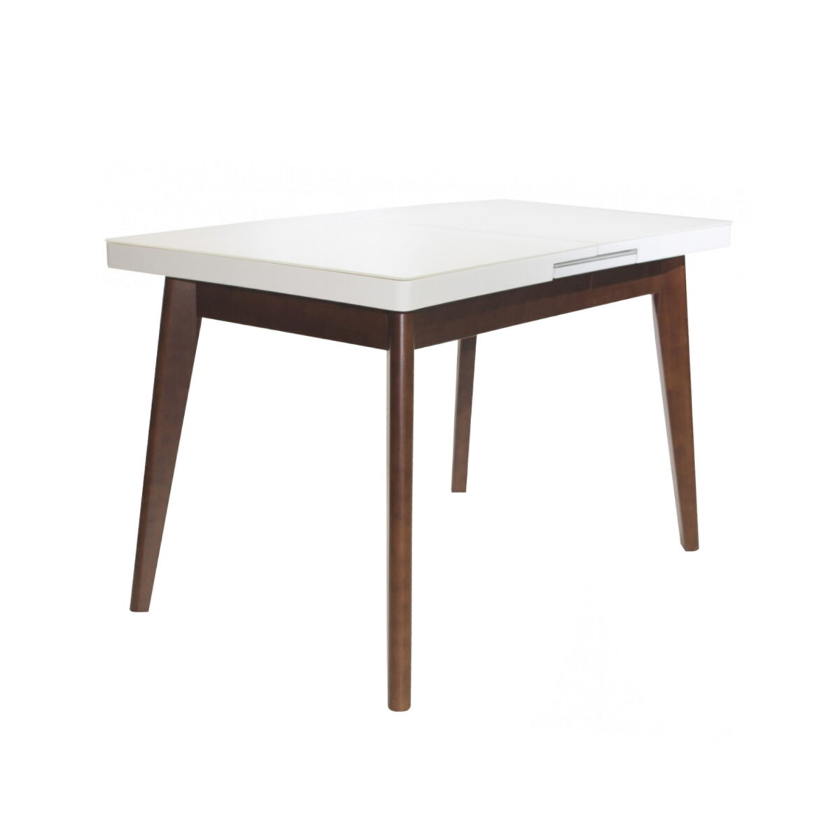 Extensible Table MG-A06 White Glass + Brown Legs 120/150×70 Discover the MG-A06 extendable table, featuring a tempered glass top and wooden legs, perfect for any kitchen. Easily adjust the size from 120 to 150 cm, ideal for 4-6 people. Functionality and elegance for your dining experience!