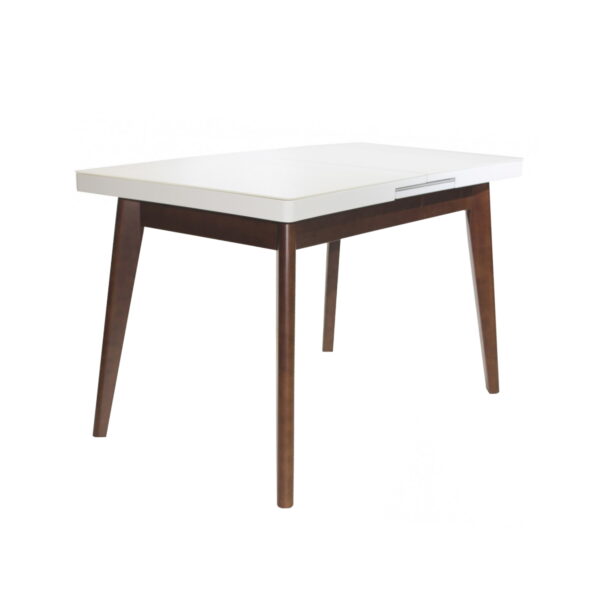 Extensible Table MG-A06 White Glass + Brown Legs 120/150×70 Discover the MG-A06 extendable table, featuring a tempered glass top and wooden legs, perfect for any kitchen. Easily adjust the size from 120 to 150 cm, ideal for 4-6 people. Functionality and elegance for your dining experience!