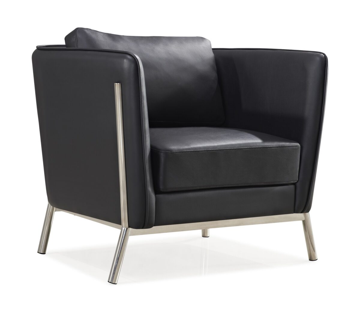 Salvador-1 Armchair – Black Discover the Salvador-1 Black armchair, a modern and elegant piece for any living room. Crafted from high-quality materials, featuring faux leather upholstery and a stainless steel frame, this armchair combines comfort and style. Perfect for Office Furniture and sofas!