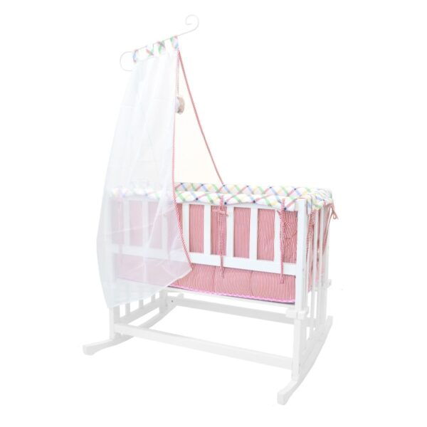 Bambini Rocking Crib + Bedding Set Discover the Bambini Rocking Crib, ideal for children up to 12 months old. Made from painted wood and equipped with a complete bedding set, this crib offers comfort and safety. Perfect dimensions for the child's room, including a canopy and useful accessories.