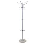 Coat Rack V-258 White Discover the V-258 White coat rack, a modern metal rack ideal for offices and living spaces. Equipped with 16 hooks and an umbrella holder, this elegant coat rack features a round marble base. Perfect for the efficient organization of clothes in any environment.