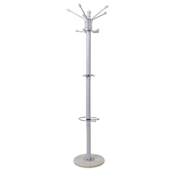 Cuier V-258 White Descoperă cuierul V-258 White, un cuier modern din metal, ideal pentru birouri și spații de living. Echipat cu 16 agățători și suport pentru umbrele, acest cuier elegant are o bază rotundă din marmură. Perfect pentru organizarea eficientă a hainelor în orice mediu.