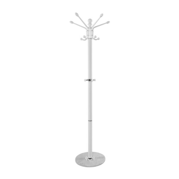 Coat Rack GH-8024 White Discover the white GH-8024 coat rack, perfect for an office or living room, featuring a modern and elegant design. It has 14 hooks and a round marble base. Ideal for both public and private spaces, it is the perfect combination of utility and style.