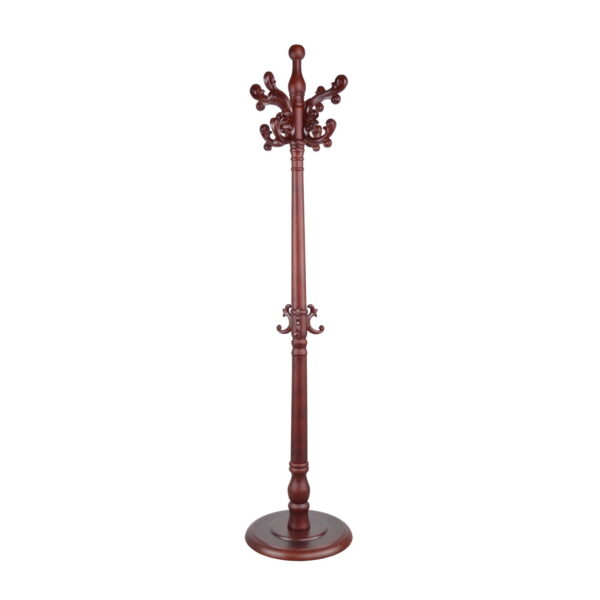 Coat rack E-55 Discover the E-55 Coat Rack, perfect for offices and living rooms! Made of wood covered with plastic, featuring 11 hooks, it is ideal for both public and private spaces. Height is 185 cm, with a round base of 42 cm. Choose functionality and style!