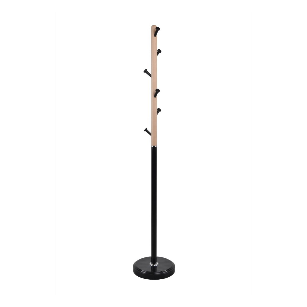 Coat Rack C-502 Black Discover the C-502 Black coat rack, a tree-style rack made of wood and metal, perfect for the office or living room. Equipped with 6 plastic hooks, it offers both style and functionality. Height 170 cm, round base of 30 cm. Ideal for both public and private spaces!