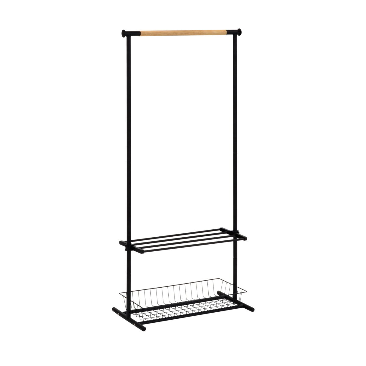 Coat Rack Support Gc4902 Black Discover the Gc4902 Black Coat Rack, perfect for organizing clothes in the office or living room. With a tubular metal frame and wooden details, it features an adjustable shelf for added versatility. Dimensions: 80 cm length, 36 cm depth, 160 cm height.