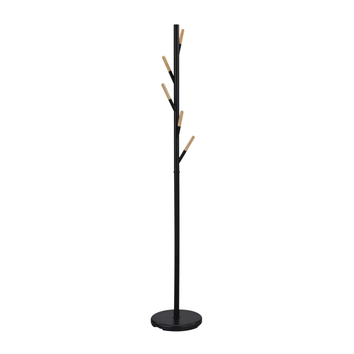 Coat Rack Gc4919 Black Discover the Gc4919 Black Coat Rack, an elegant accessory for your office or living room. Made from metal and wood, with 5 hooks and a round plastic base, this coat rack combines functionality with modern design. Ideal for both public and private spaces, it stands 176 cm tall and has a diameter of 30 cm.