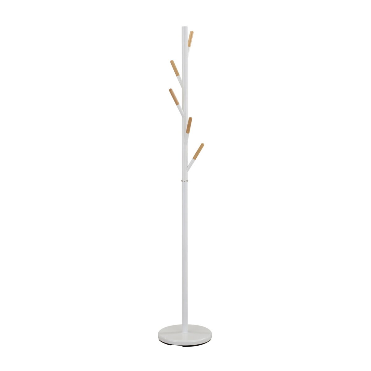 Coat rack Gc4919 White Discover the Gc4919 White coat rack, perfect for any space, whether public or private. With a modern design made of metal and wood, it features 5 metal hooks and a sturdy base. Ideal for an office or living room! Height: 176 cm, base diameter: 30 cm.