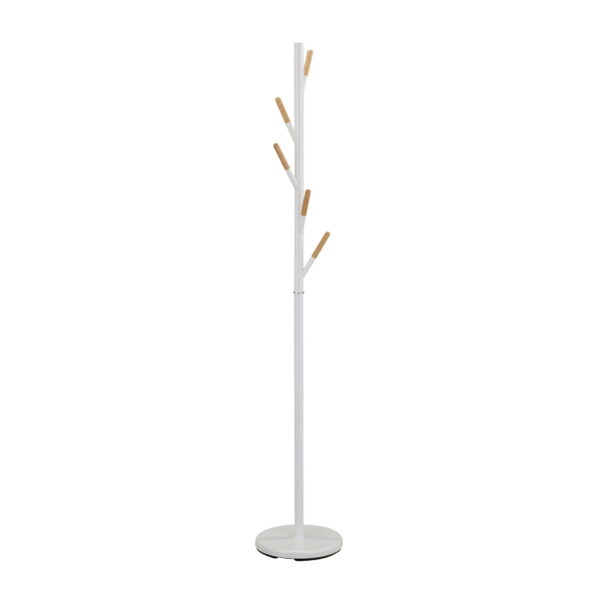 Coat rack Gc4919 White Discover the Gc4919 White coat rack, perfect for any space, whether public or private. With a modern design made of metal and wood, it features 5 metal hooks and a sturdy base. Ideal for an office or living room! Height: 176 cm, base diameter: 30 cm.