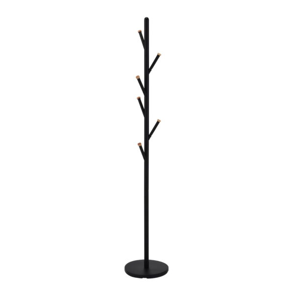 Gc5206 Black Coat Rack Discover the Gc5206 Black Coat Rack, ideal for the office or living room! With an elegant design and 6 metal hooks with wooden details, it is perfect for public or private spaces. Standing 173 cm tall with a base of 30 cm, it combines functionality with style.