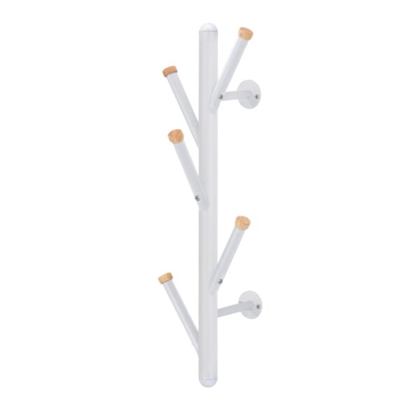 Wall Coat Rack Gc5205 White Discover the Gc5205 White wall coat rack, perfect for the office and living room. Made from electrostatically painted metal, it features 5 metal hooks and lacquered wood details, making it ideal for organizing your space. Dimensions: 61 cm height, 19 cm width, 21 cm depth.