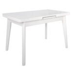 Extensible Table MG-A044 White Glass + White Legs 120/150×70 Discover the MG-A044 extendable table, elegant with a tempered glass top and wooden legs. Ideal for the kitchen, it easily adjusts for 4-6 people. Modern design and maximum functionality for every occasion!