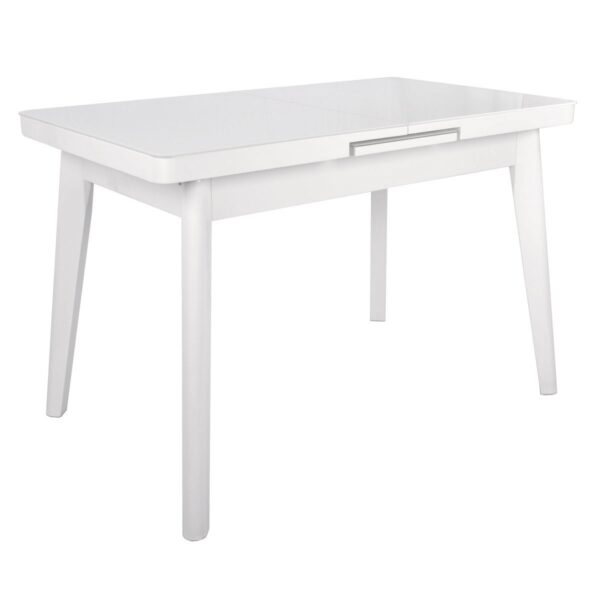 Extensible Table MG-A044 White Glass + White Legs 120/150×70 Discover the MG-A044 extendable table, elegant with a tempered glass top and wooden legs. Ideal for the kitchen, it easily adjusts for 4-6 people. Modern design and maximum functionality for every occasion!