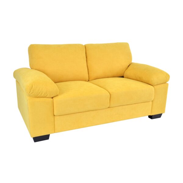 Oslo Yellow Sofa Discover the Oslo Yellow sofa, a modern piece of furniture for 2 people, complete with removable decorative cushions. Comfortable and stylish, featuring plastic legs that imitate wood. Ideal for any office or living room! Upgrade your space with style!
