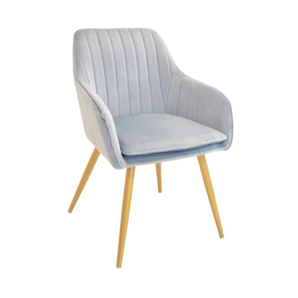 Iris Light Blue Golden Chair Discover the elegance and comfort of the Iris Light Blue Golden chair, perfect for any kitchen. With a design made from plywood and soft velvet, this chair adds an extra touch of style. Also available in other shades, it is the ideal choice for a modern and sophisticated decor!