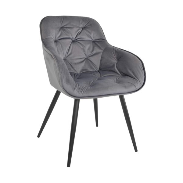 Daisy Dark Grey Chair Discover the Daisy Dark Grey chair, a perfect choice for your kitchen! This elegant chair combines comfort with a modern design, featuring a velvet seat and durable metal legs. Transform your interior with style! Also available in other colors.
