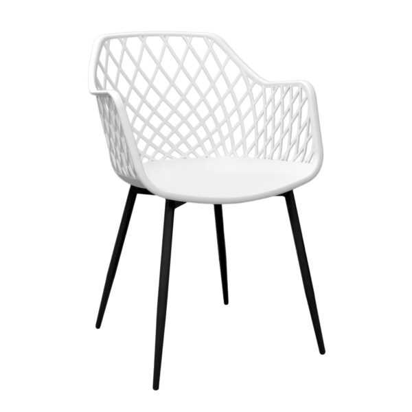 Chair SL-7019 White + Black Legs Discover the SL-7019 chair, a perfect choice for Horeca furniture, kitchen, or garden. With a modern and elegant design, this chair made of durable plastic and a metal frame provides comfort and longevity, making it ideal for any setting.
