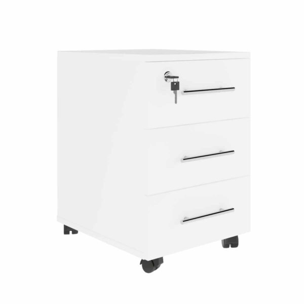 Rollbox White Drawer Unit Discover the Rollbox White Filing Cabinet, an elegant piece of office furniture with 3 drawers and a lock for the upper drawer. Made from 18mm melamine chipboard, featuring locking wheels and metal handles, it is the perfect solution for organizing your workspace.