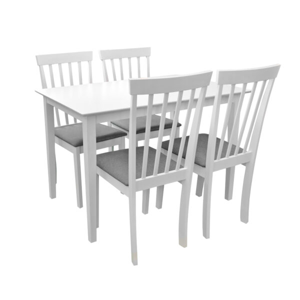HOUSTON Table Set + 4 HOUSTON Chairs White Discover the HOUSTON table set + 4 HOUSTON chairs in White - an elegant choice for your kitchen. Featuring an MDF tabletop and a modern design, this set offers comfort and style for everyday meals. Perfect for small spaces!