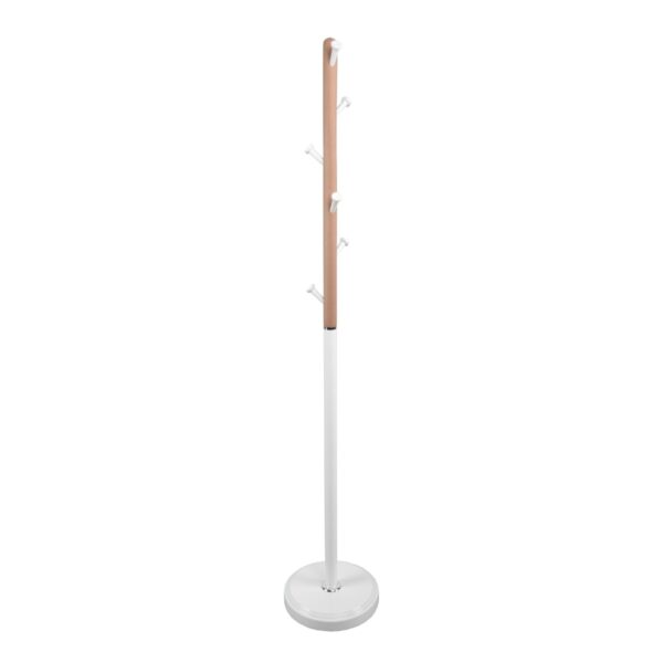 Coat rack C-502 White Discover the C-502 White Coat Rack, ideal for the office and living room! Made from wood and electrostatically painted metal, with 6 plastic hooks, this elegant and durable coat rack adds utility and style to any space. Height: 170 cm, Base diameter: 30 cm.