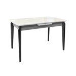 ELVERUM Extendable Table White + Black Legs 120/150×75 Discover the ELVERUM extendable table, perfect for your kitchen! With an elegant White+Black design, this table made of MDF and ceramic is resistant to extreme temperatures and scratches. Easily adjust the size for 4-6 people. Ideal for any occasion!