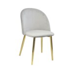 Maya Grey Chair Discover the Maya Grey chair, an elegant choice for kitchen furniture. With a comfortable design made of plywood and soft velvet, the golden metal legs add a touch of luxury. Perfect for any interior! Also available in pink.