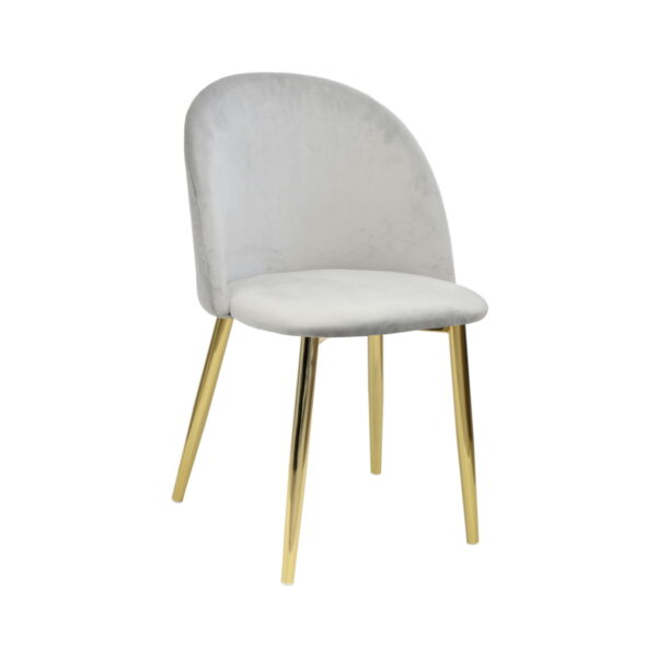 Maya Grey Chair Discover the Maya Grey chair, an elegant choice for kitchen furniture. With a comfortable design made of plywood and soft velvet, the golden metal legs add a touch of luxury. Perfect for any interior! Also available in pink.