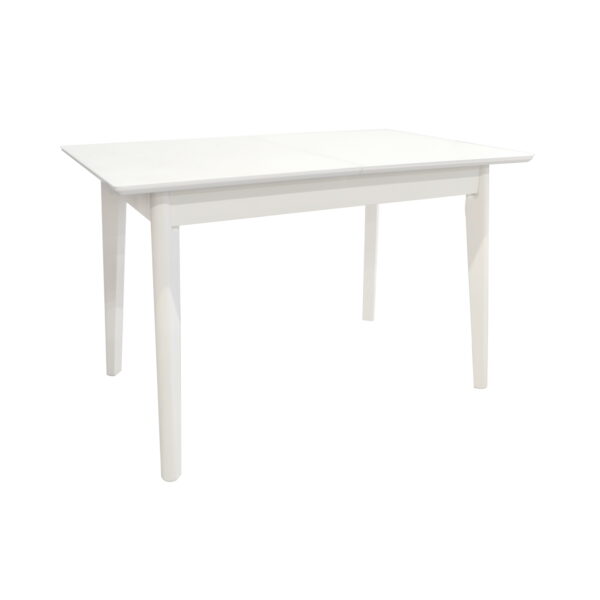 Extensible Table MG-A05 White Glass + White Legs 120/150×75 Discover the MG-A05 extendable table, featuring a tempered glass top and wooden legs, perfect for your kitchen. Adjustable from 120 cm to 150 cm, this elegant table can comfortably accommodate 4-6 people. Ideal for gatherings with family and friends!