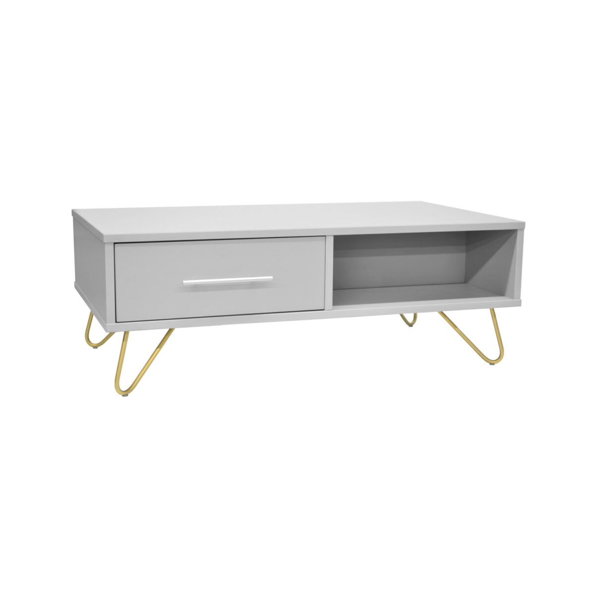 Coffee Table with 2 Drawers Mia Grey/Gold Discover the Mia Grey/Gold Coffee Table, perfect for your living room! With 2 practical drawers and made from durable melamine-faced chipboard, it fits any style. Ideal dimensions: 55 cm wide, 100 cm long, 36 cm high. Choose elegance and functionality!