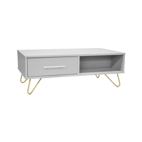 Coffee Table with 2 Drawers Mia Grey/Gold Discover the Mia Grey/Gold Coffee Table, perfect for your living room! With 2 practical drawers and made from durable melamine-faced chipboard, it fits any style. Ideal dimensions: 55 cm wide, 100 cm long, 36 cm high. Choose elegance and functionality!