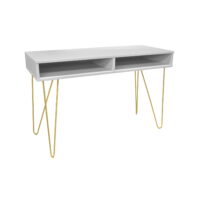 Консоль Mia Grey/Gold Консоль Mia Grey/Gold – идеальное решение для современного интерьера вашей спальни. Серый цвет с золотыми деталями, меламинированное ДСП и металлические ножки придают ей стильный вид. Размеры 77х120х50 см обеспечивают функциональность и эргономичность.