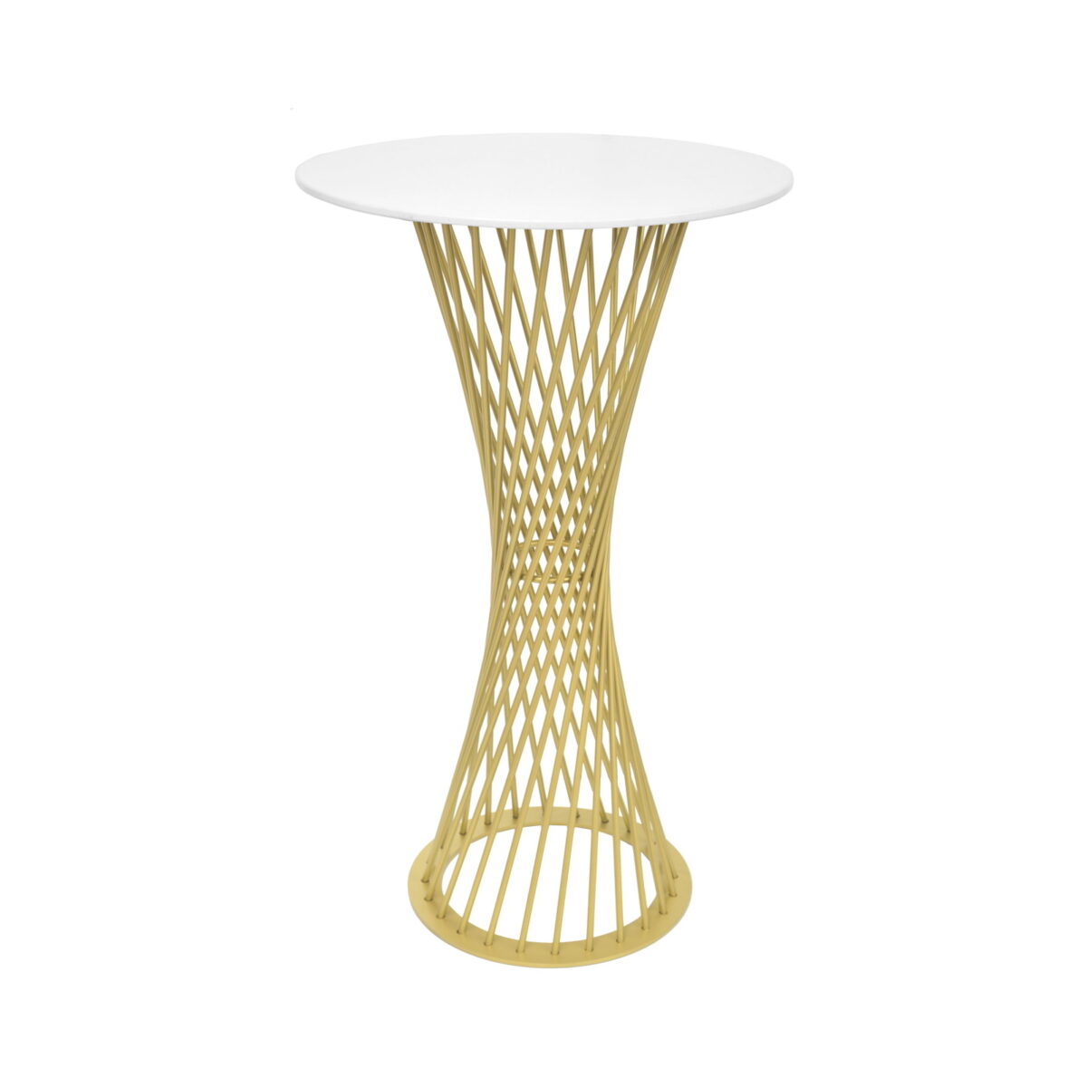 Bar Table/Break FELICIA White + Golden Leg Ø60 Discover the FELICIA bar table, featuring an elegant design and high-quality materials. Perfect for modern kitchens, the table has a white melamine chipboard top, a golden metal frame, and a height of 105 cm. Ideal for 2 people, it takes up little space while providing enhanced functionality!