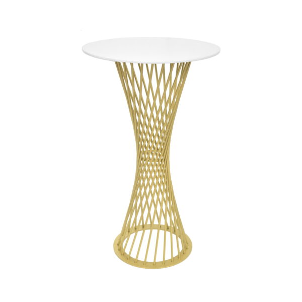 Bar Table/Break FELICIA White + Golden Leg Ø60 Discover the FELICIA bar table, featuring an elegant design and high-quality materials. Perfect for modern kitchens, the table has a white melamine chipboard top, a golden metal frame, and a height of 105 cm. Ideal for 2 people, it takes up little space while providing enhanced functionality!