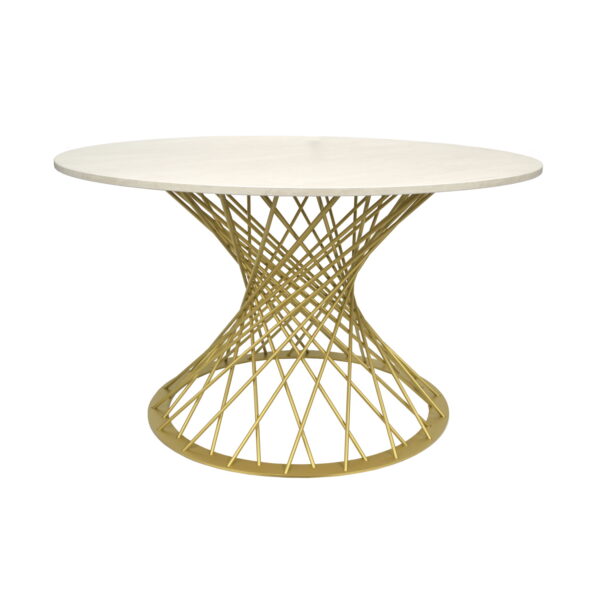 SAFIRA Table Silk Golden Legs Ø130 Discover the SAFIRA Silk Golden Legs Ø130 table, perfect for your kitchen! With a top made of melamine particle board and a metal frame, this modern table offers comfort for 6-8 people. Choose from a wide range of colors, customized to order!