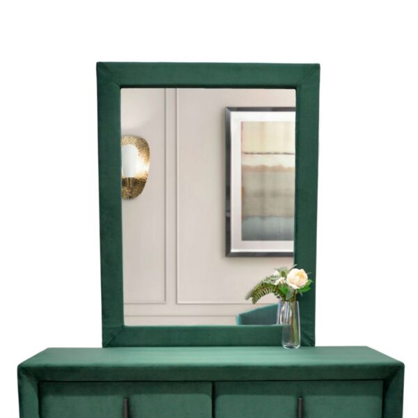 Carla Green Mirror Discover the Carla Green Mirror, an elegant addition to your bedroom, featuring a frame upholstered in fine velvet. Perfect for complementing the Carla double nightstand, this mirror combines style with functionality. Choose elegance and refinement for any space!