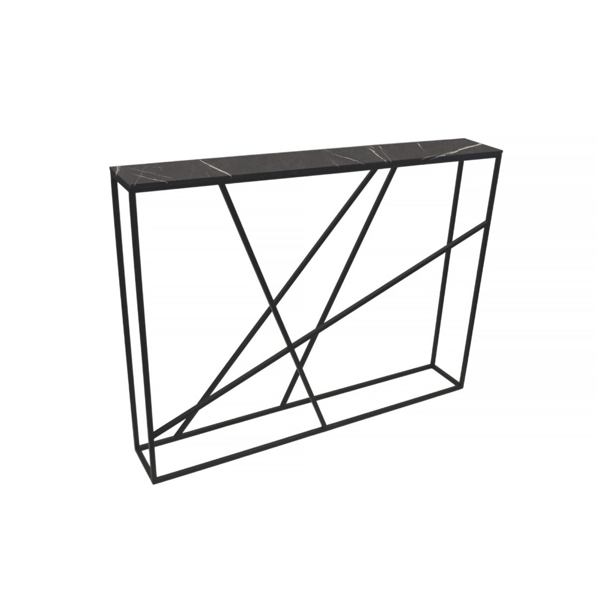 Черная консоль Deco Стильная черная консоль Deco идеально дополнит современную гостиную или спальню. Прочная и компактная, она сделана из ламинированных плит ПВЛ, имеет металлический каркас и защитные ножки. Размеры: высота 90 см, ширина 120 см, глубина 19 см. Элегантное решение для вашего интерьера.