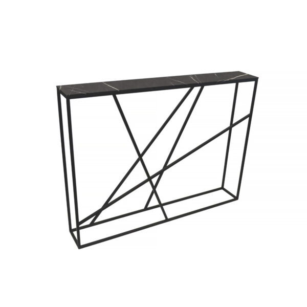 Черная консоль Deco Стильная черная консоль Deco идеально дополнит современную гостиную или спальню. Прочная и компактная, она сделана из ламинированных плит ПВЛ, имеет металлический каркас и защитные ножки. Размеры: высота 90 см, ширина 120 см, глубина 19 см. Элегантное решение для вашего интерьера.