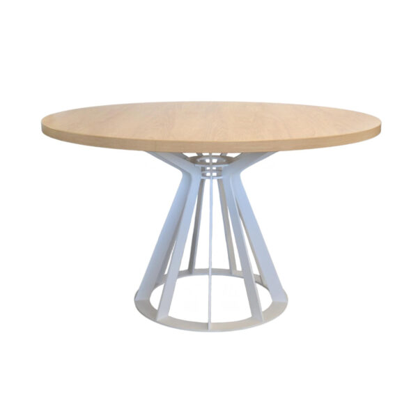 GLORIA PAL White Table Ø120 Discover the GLORIA PAL White Ø120 table, perfect for your kitchen! Made from 36 mm melamine particle board and featuring an elegant metal frame, this table combines modern style with functionality. It has a diameter of 120 cm and a standard height of 75 cm. Available to order in various colors!