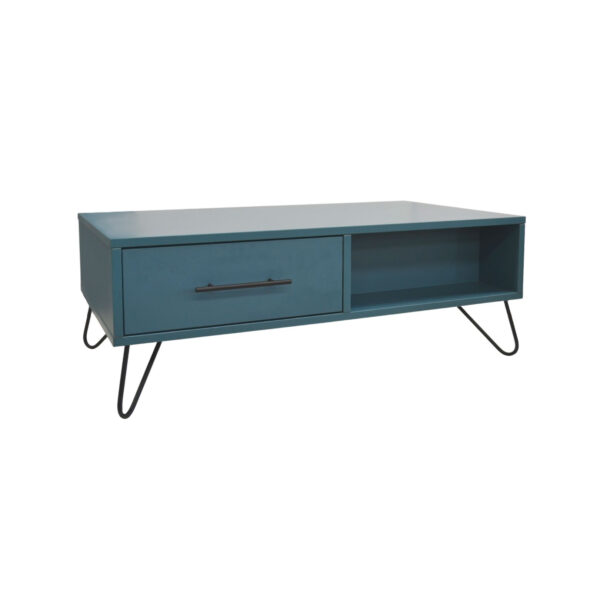 Coffee Table with 2 Drawers Mia Blue/Black Discover the Mia Blue/Black coffee table with 2 drawers, perfect for a modern or classic living room. Made from durable melamine-coated particleboard and featuring sturdy metal legs, this table adds a touch of style and functionality. Ideal dimensions: 55 cm in width and 100 cm in length.