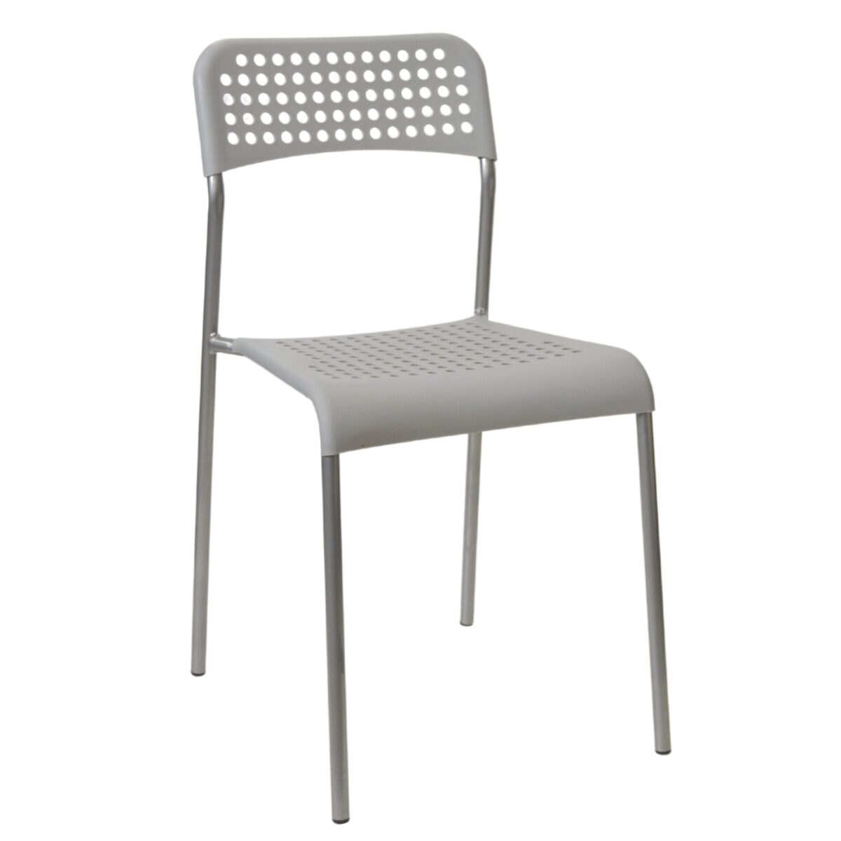 Chair E-055 Grey Discover the E-055 Grey chair, perfect for Horeca furniture and use in gardens or kitchens. Comfortable and durable, with metal legs and silicone feet, it harmoniously fits into any space. Ideal for terraces and interiors, this stackable chair saves space.