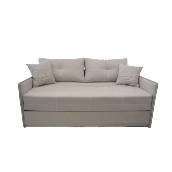 Orion 1800 Grey Convertible Sofa Discover the Orion 1800 Grey extendable sofa, an elegant choice for your living room. With 2 large decorative cushions and upholstery made of pleasant fabric, it offers both comfort and style. Ideal dimensions for relaxation: a seat depth of 95 cm and a sleeping area of 180 x 190 cm.