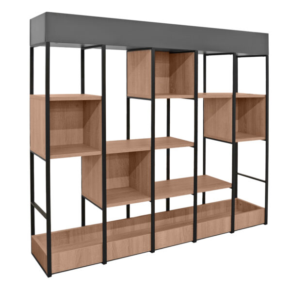 Shelving Unit Terra 150 Discover the Terra 150 Shelf, ideal for office or home use. Perfect for efficient storage of office supplies, it features 5 open shelves. Made from durable metal and laminated particle board, it combines functionality with aesthetics. Length: 150 cm, height: 132 cm.