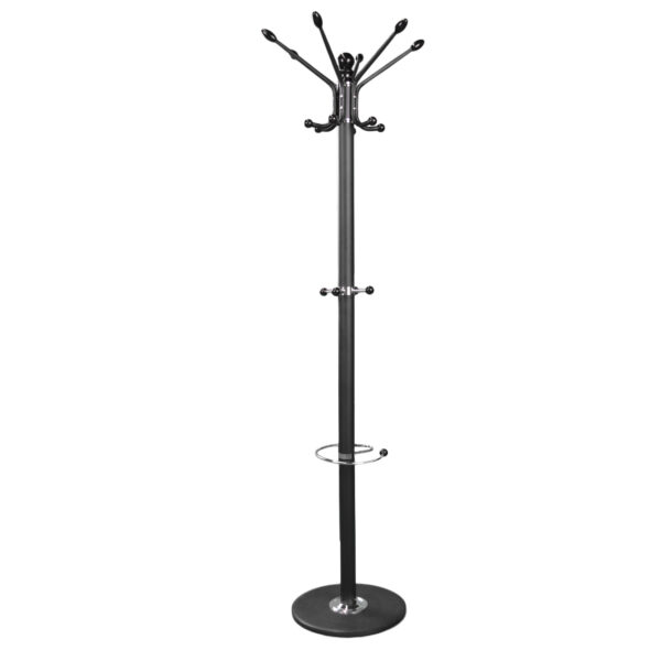 Coat Rack V-258 Black Discover the V-258 Black coat rack, perfect for modern offices! With an elegant metal design, it features 16 hooks and an umbrella stand. Ideal for both public and private spaces, it has a round marble base. Height of 170 cm and a diameter of 37 cm. Add style and functionality to your office!