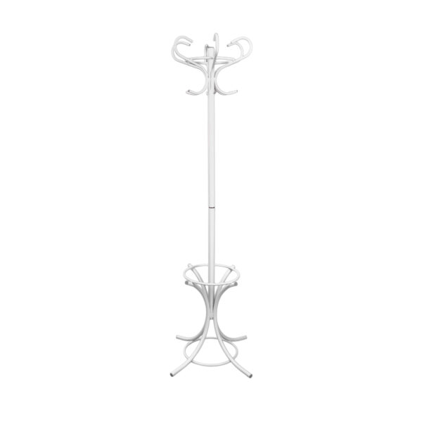 Venezia White Coat Rack Discover the Venezia White Coat Rack, perfect for your office or living room! With an elegant design made of painted metal, this 182 cm tall coat rack integrates seamlessly into any space, featuring 12 hooks and an umbrella stand. Choose functionality and style!