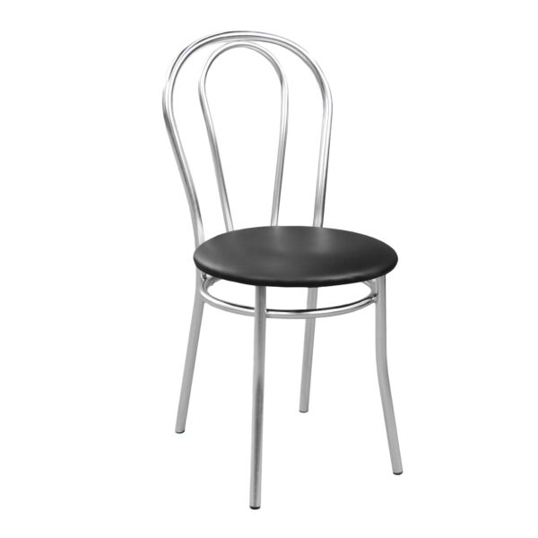 Tulip Chair Black V-4 Discover the Tulipan Black V-4 chair, perfect for Horeca furniture, kitchens, or gardens. Made from durable metal, with a seat upholstered in eco leather, this chair combines comfort with modern style. Ideal for patios, featuring chrome legs that protect the flooring.